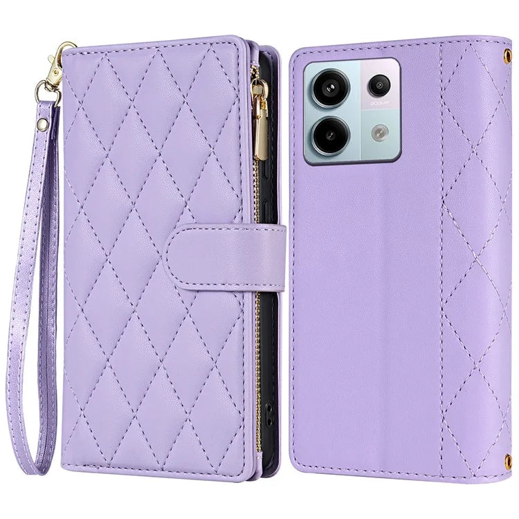 CSJ-P2 For Xiaomi Redmi Note 13 5G Wallet Phone Case Rhombus Stitching Leather Cover with Straps