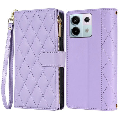 CSJ-P2 For Xiaomi Redmi Note 13 5G Wallet Phone Case Rhombus Stitching Leather Cover with Straps
