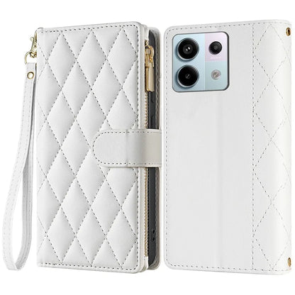 CSJ-P2 For Xiaomi Redmi Note 13 5G Wallet Phone Case Rhombus Stitching Leather Cover with Straps