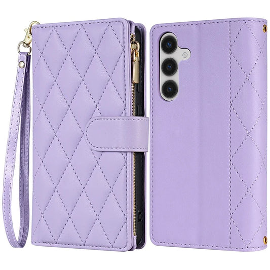 CSJ-P2 For Samsung Galaxy A14 5G / 4G Wallet Case with Straps Leather Phone Cover Rhombus Stitching