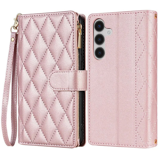 CSJ-P2 For Samsung Galaxy S24 FE Case Rhombus Stitching Leather Wallet Phone Cover with Straps