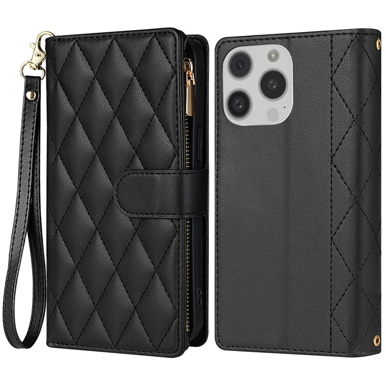 CSJ-P2 For iPhone 15 Pro Max Case Stitching Leather Wallet Phone Cover with Straps