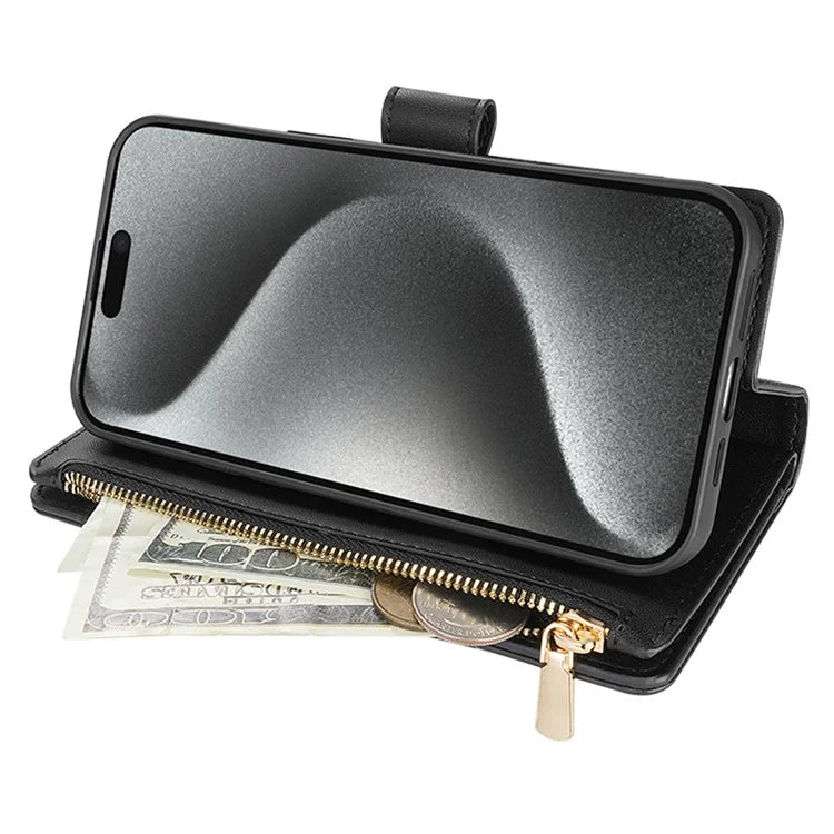 CSJ-P2 For iPhone 15 Pro Max Case Stitching Leather Wallet Phone Cover with Straps