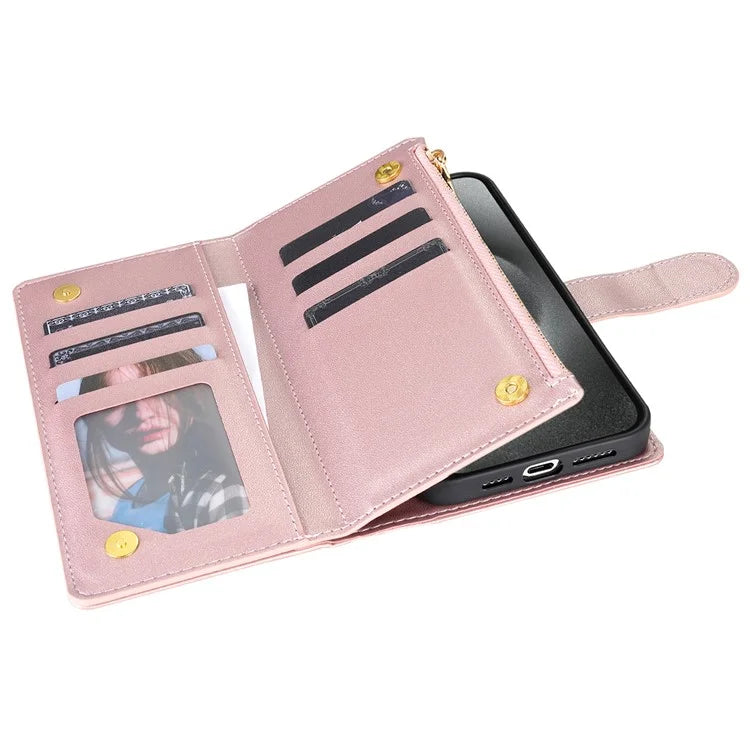 CSJ-P2 For iPhone 15 Pro Max Case Stitching Leather Wallet Phone Cover with Straps