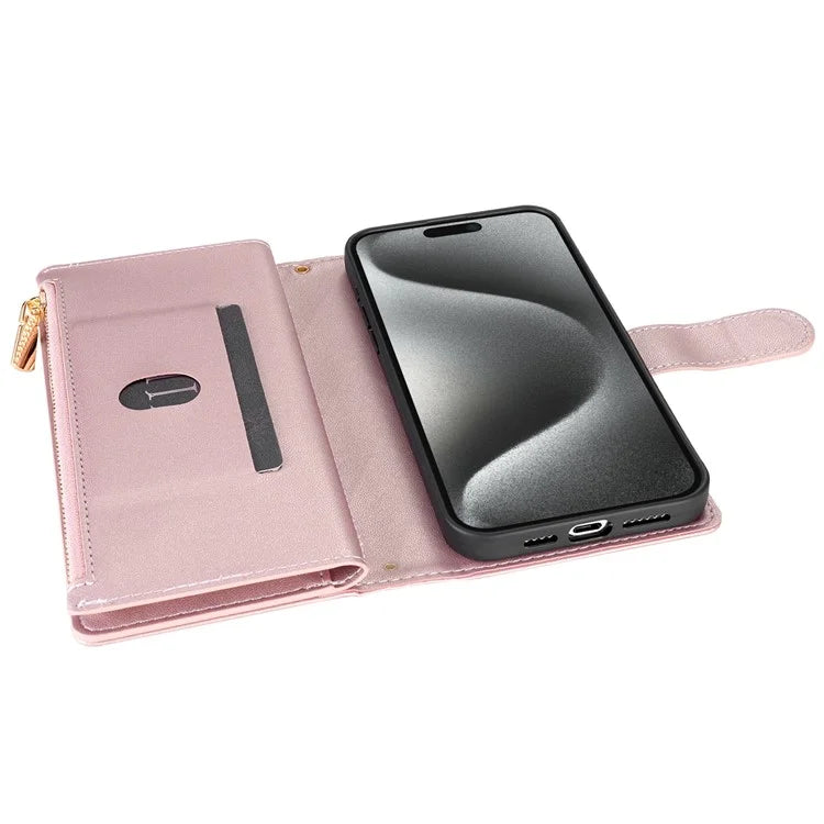 CSJ-P2 For iPhone 15 Pro Max Case Stitching Leather Wallet Phone Cover with Straps