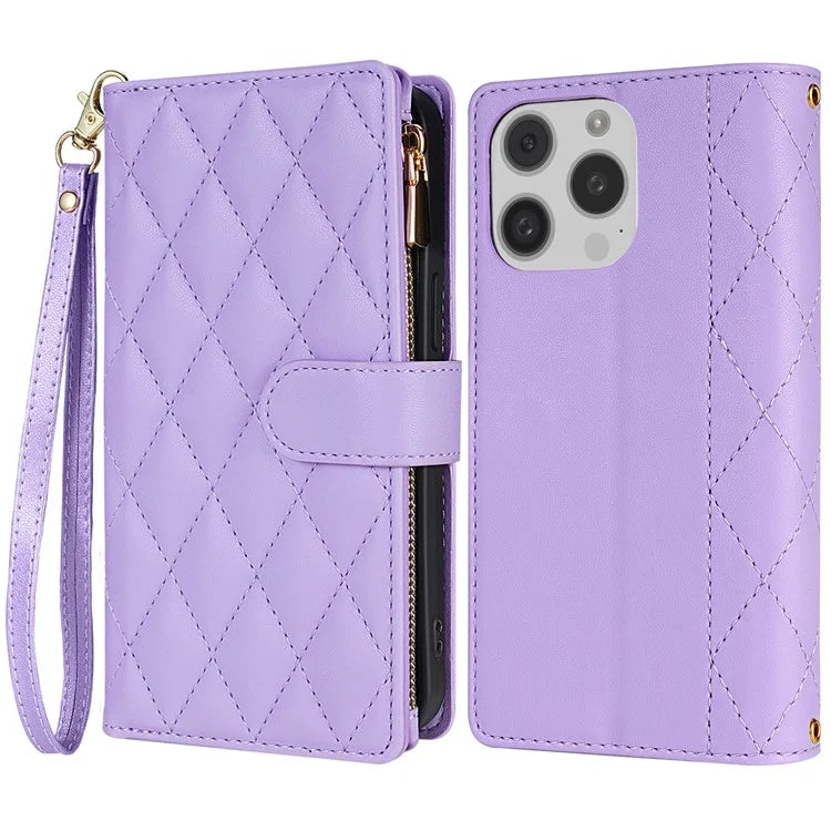CSJ-P2 For iPhone 15 Pro Wallet Case Stitching Leather Phone Cover with Straps