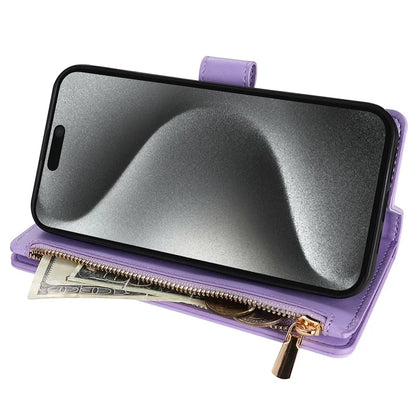 CSJ-P2 For iPhone 15 Pro Wallet Case Stitching Leather Phone Cover with Straps
