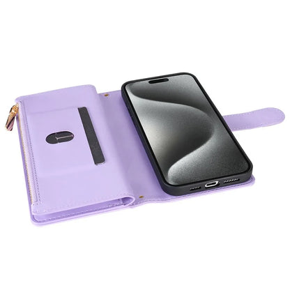 CSJ-P2 For iPhone 15 Pro Wallet Case Stitching Leather Phone Cover with Straps