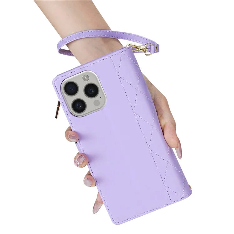 CSJ-P2 For iPhone 15 Pro Wallet Case Stitching Leather Phone Cover with Straps