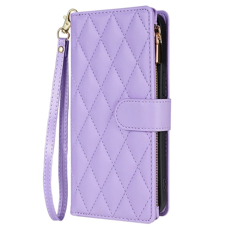 CSJ-P2 For iPhone 15 Pro Wallet Case Stitching Leather Phone Cover with Straps
