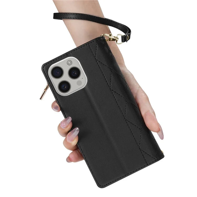 CSJ-P2 For iPhone 15 Pro Wallet Case Stitching Leather Phone Cover with Straps