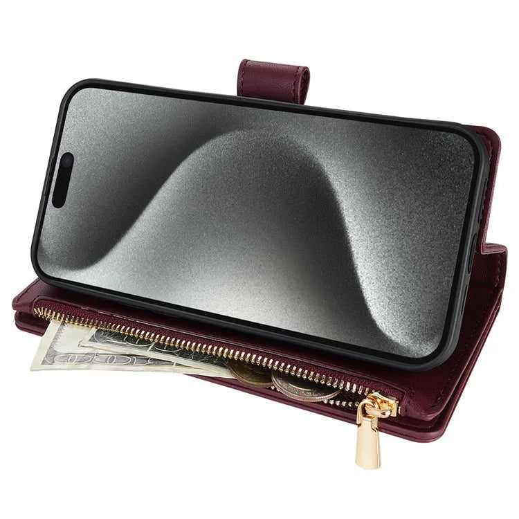 CSJ-P2 For iPhone 15 Pro Wallet Case Stitching Leather Phone Cover with Straps