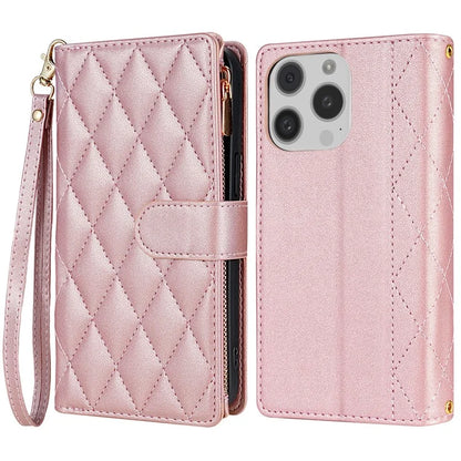 CSJ-P2 For iPhone 15 Pro Wallet Case Stitching Leather Phone Cover with Straps