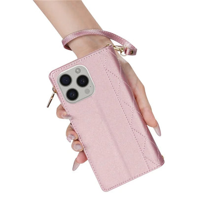 CSJ-P2 For iPhone 15 Pro Wallet Case Stitching Leather Phone Cover with Straps
