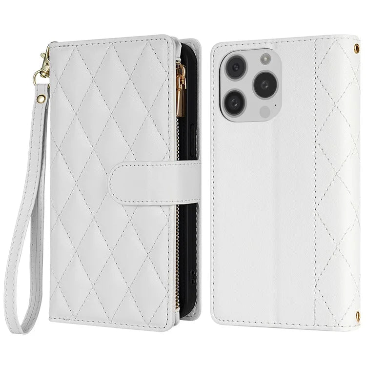 CSJ-P2 For iPhone 15 Pro Wallet Case Stitching Leather Phone Cover with Straps