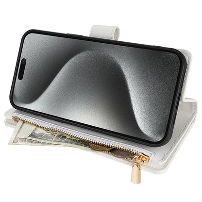 CSJ-P2 For iPhone 15 Pro Wallet Case Stitching Leather Phone Cover with Straps