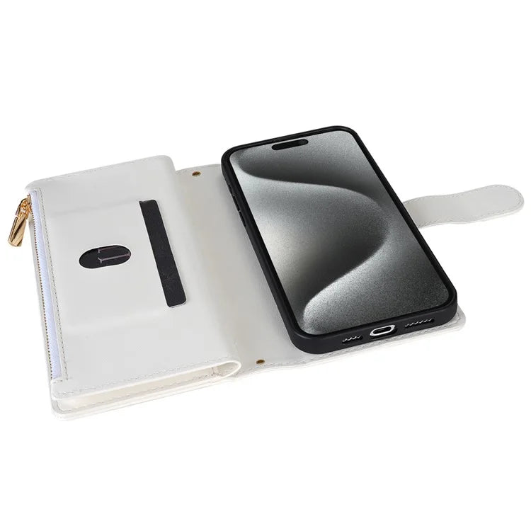 CSJ-P2 For iPhone 15 Pro Wallet Case Stitching Leather Phone Cover with Straps