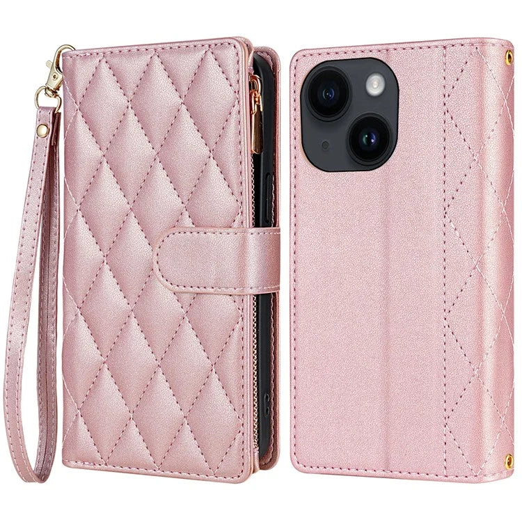 CSJ-P2 For iPhone 15 Case Stitching Anti-Drop Leather Wallet Phone Cover with Straps