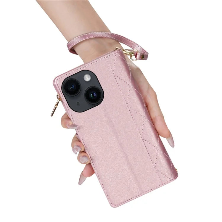 CSJ-P2 For iPhone 15 Case Stitching Anti-Drop Leather Wallet Phone Cover with Straps