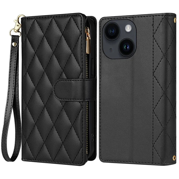 CSJ-P2 For iPhone 15 Case Stitching Anti-Drop Leather Wallet Phone Cover with Straps