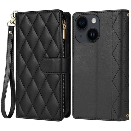 CSJ-P2 For iPhone 15 Case Stitching Anti-Drop Leather Wallet Phone Cover with Straps