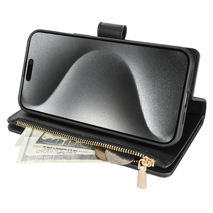 CSJ-P2 For iPhone 15 Case Stitching Anti-Drop Leather Wallet Phone Cover with Straps