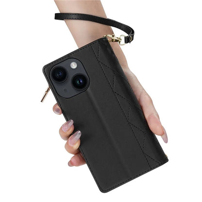 CSJ-P2 For iPhone 15 Case Stitching Anti-Drop Leather Wallet Phone Cover with Straps
