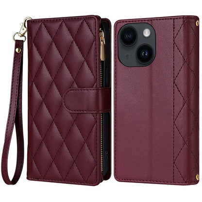 CSJ-P2 For iPhone 15 Case Stitching Anti-Drop Leather Wallet Phone Cover with Straps