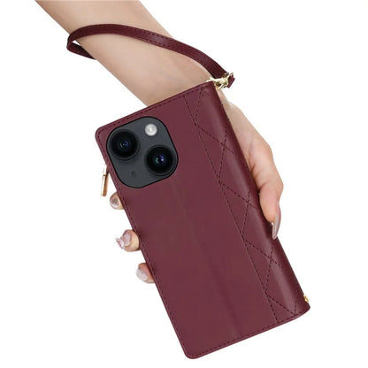 CSJ-P2 For iPhone 15 Case Stitching Anti-Drop Leather Wallet Phone Cover with Straps