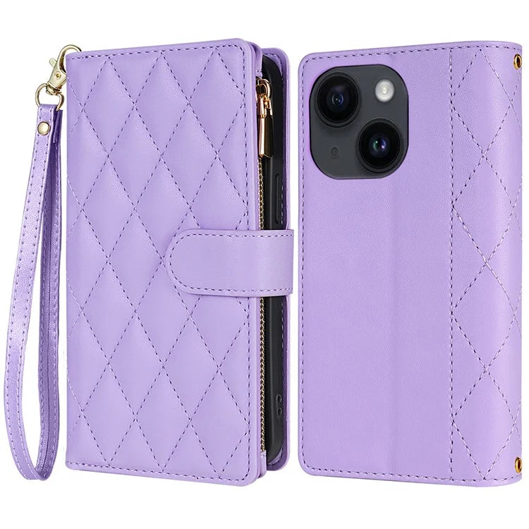 CSJ-P2 For iPhone 15 Case Stitching Anti-Drop Leather Wallet Phone Cover with Straps