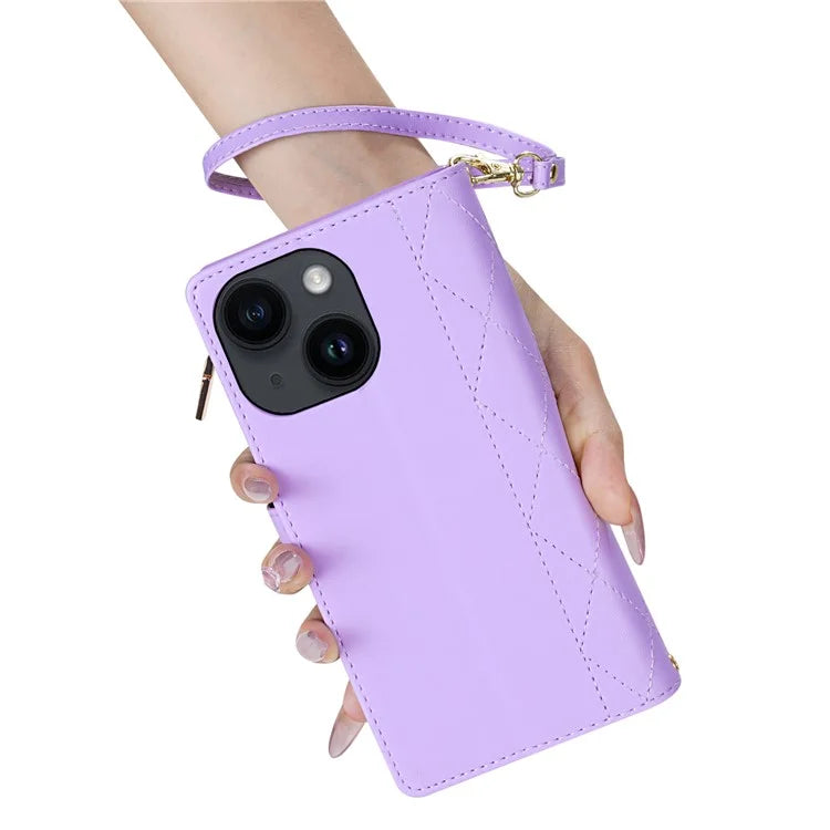 CSJ-P2 For iPhone 15 Case Stitching Anti-Drop Leather Wallet Phone Cover with Straps