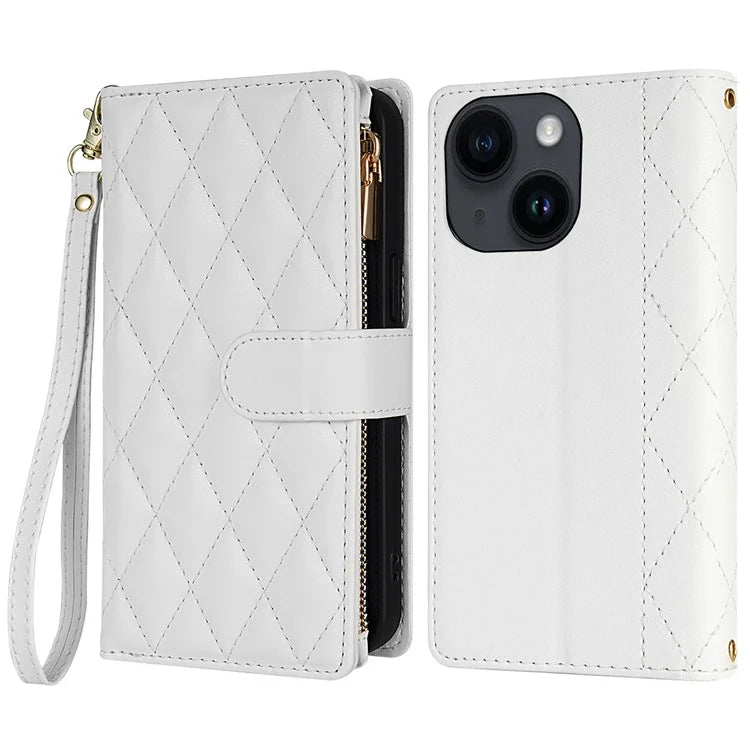 CSJ-P2 For iPhone 15 Case Stitching Anti-Drop Leather Wallet Phone Cover with Straps