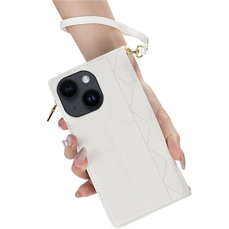 CSJ-P2 For iPhone 15 Case Stitching Anti-Drop Leather Wallet Phone Cover with Straps