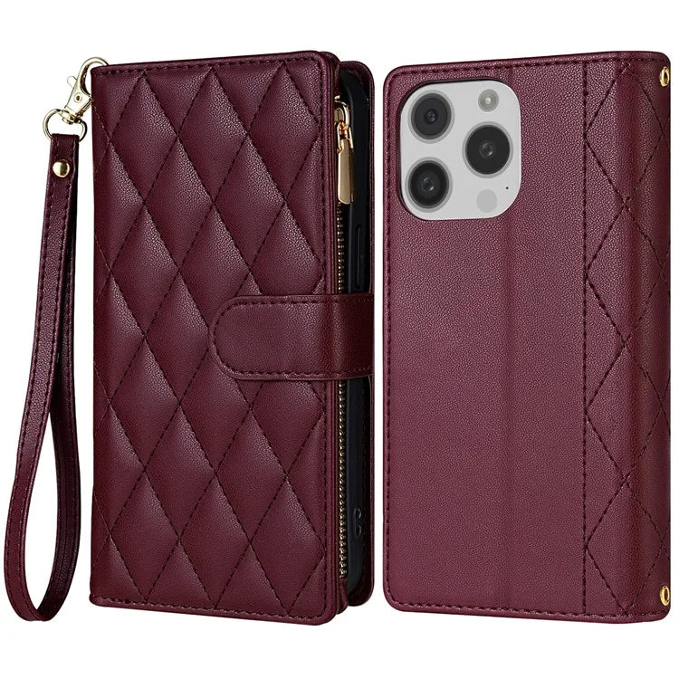 CSJ-P2 For iPhone 16 Pro Wallet Case Stitching Leather Phone Cover with Straps