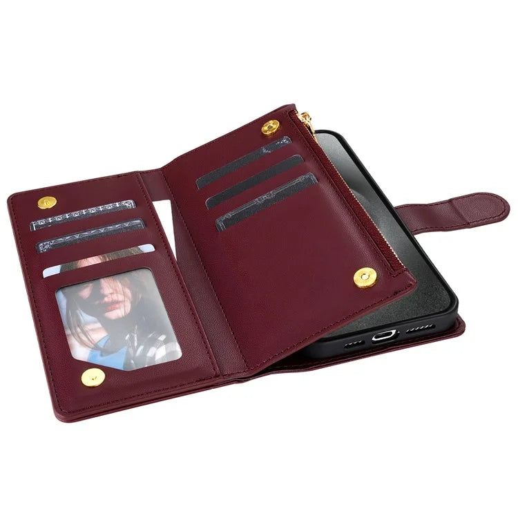CSJ-P2 For iPhone 16 Pro Wallet Case Stitching Leather Phone Cover with Straps