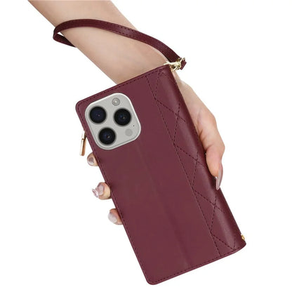 CSJ-P2 For iPhone 16 Pro Wallet Case Stitching Leather Phone Cover with Straps