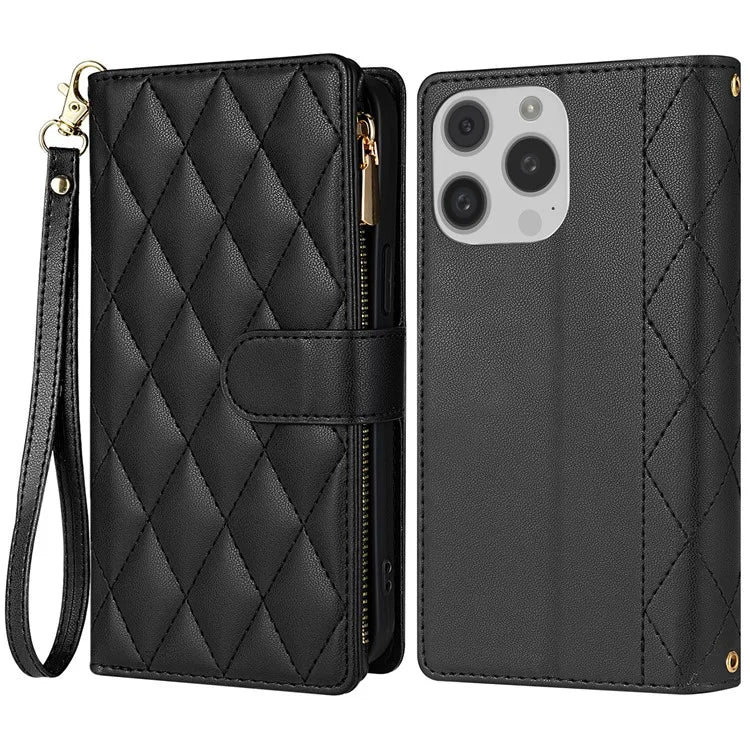 CSJ-P2 For iPhone 16 Pro Wallet Case Stitching Leather Phone Cover with Straps