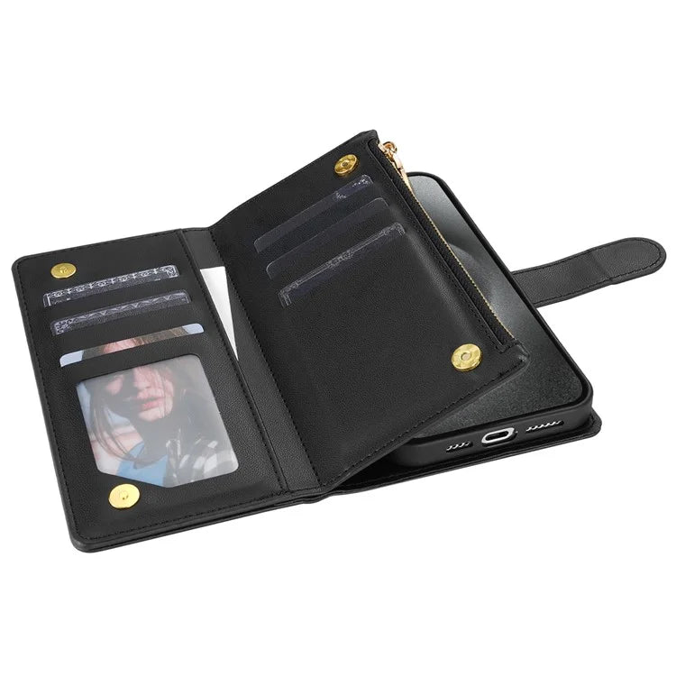 CSJ-P2 For iPhone 16 Pro Wallet Case Stitching Leather Phone Cover with Straps