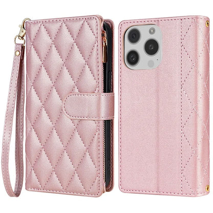 CSJ-P2 For iPhone 16 Pro Wallet Case Stitching Leather Phone Cover with Straps