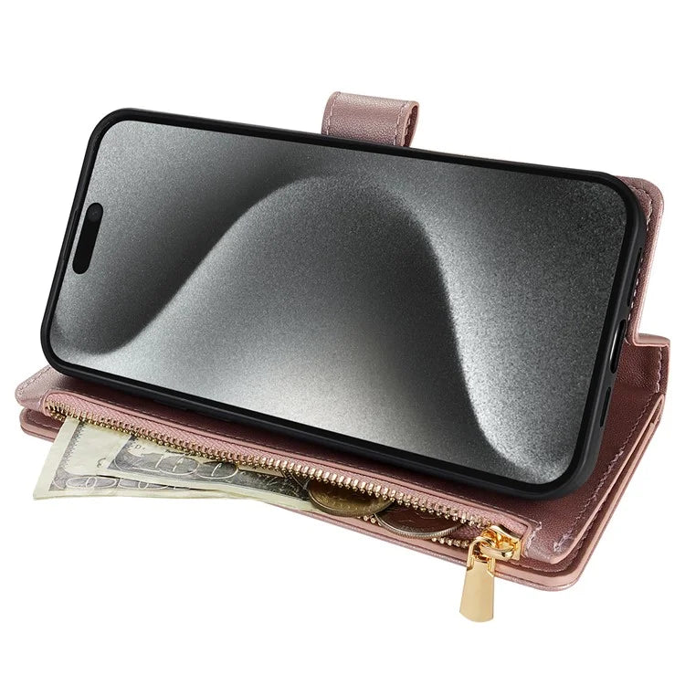 CSJ-P2 For iPhone 16 Pro Wallet Case Stitching Leather Phone Cover with Straps