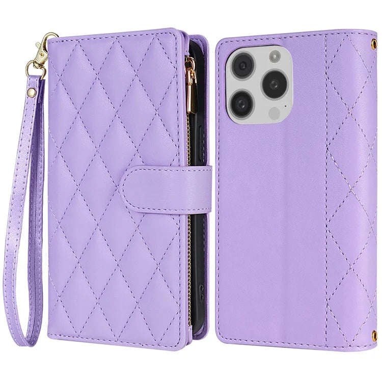 CSJ-P2 For iPhone 16 Pro Wallet Case Stitching Leather Phone Cover with Straps