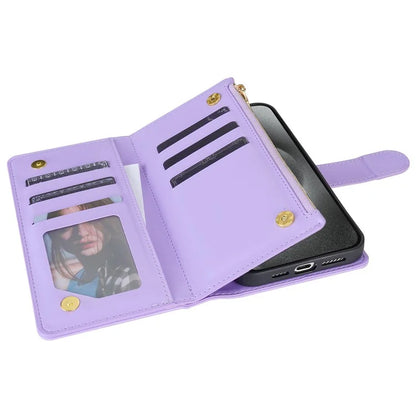 CSJ-P2 For iPhone 16 Pro Wallet Case Stitching Leather Phone Cover with Straps