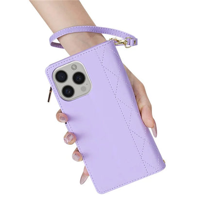 CSJ-P2 For iPhone 16 Pro Wallet Case Stitching Leather Phone Cover with Straps