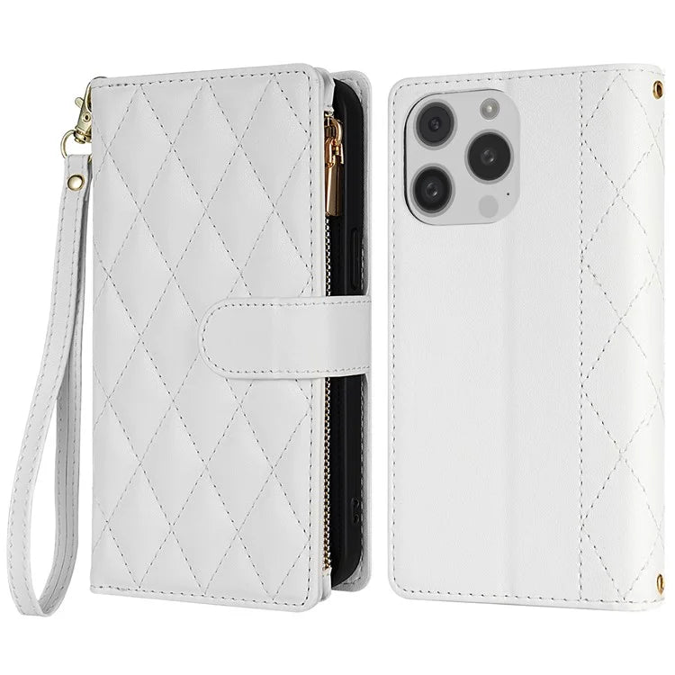 CSJ-P2 For iPhone 16 Pro Wallet Case Stitching Leather Phone Cover with Straps