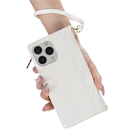 CSJ-P2 For iPhone 16 Pro Wallet Case Stitching Leather Phone Cover with Straps