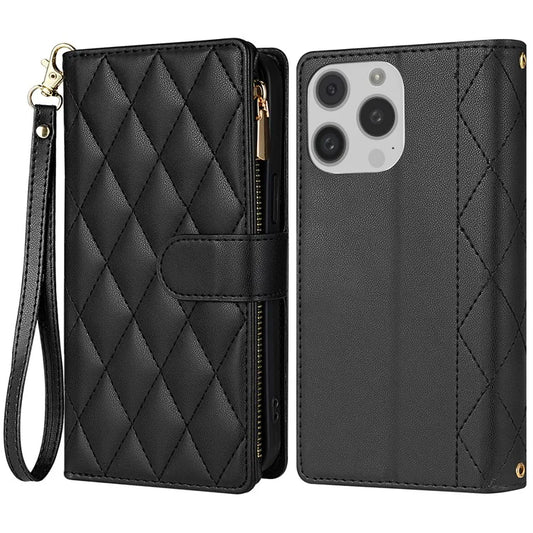 CSJ-P2 For iPhone 16 Pro Max Wallet Phone Case Stitching Leather Flip Cover with Straps