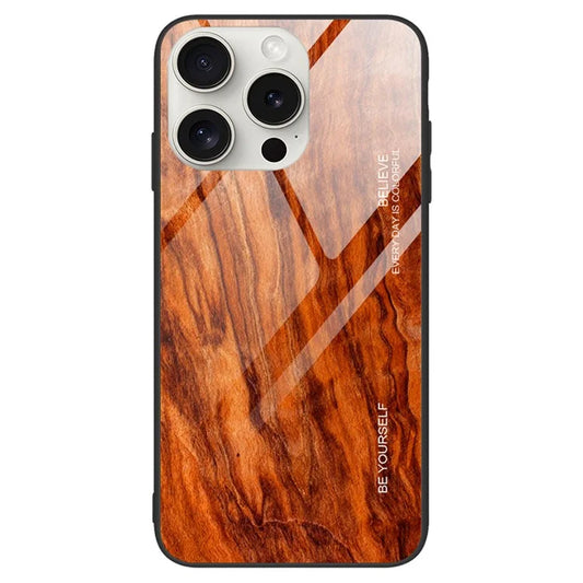 For iPhone 16 Pro Max Case TPU Frame Tempered Glass Back Phone Cover Wood Texture