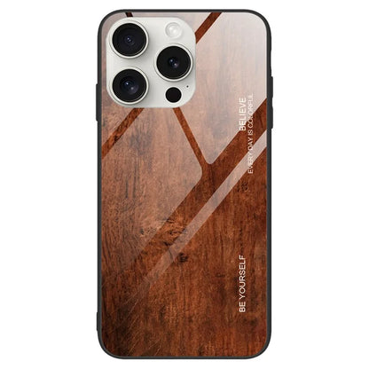 For iPhone 16 Pro Max Case TPU Frame Tempered Glass Back Phone Cover Wood Texture