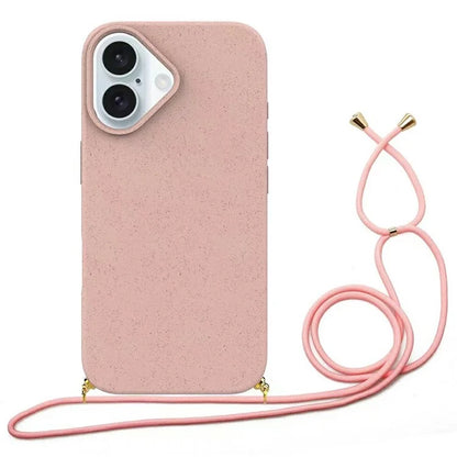 For iPhone 16 Plus Case Biodegradable Wheat Straw+TPU Phone Cover with Lanyard