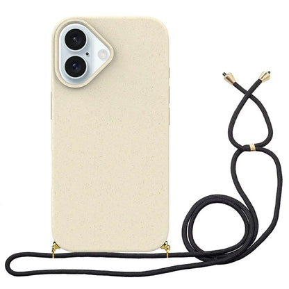 For iPhone 16 Plus Case Biodegradable Wheat Straw+TPU Phone Cover with Lanyard